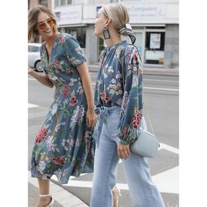 GP & J Baker x H&M Birds and Floral Pattern Blouse Size 2 In Dusty Blue Floral